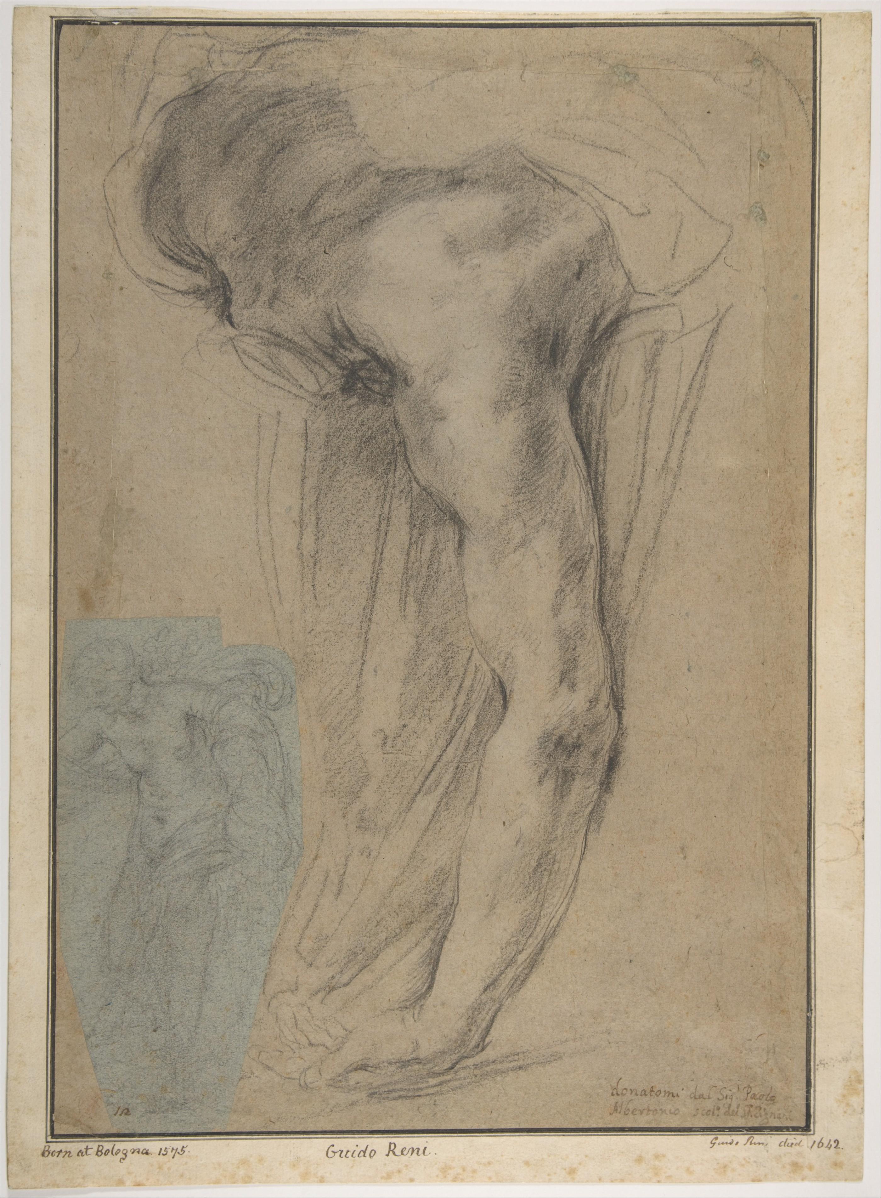 The Reclining Headless Body of Holofernes; Study of Female Semi-Nude Figure (on a small separate, unrelated sheet of blue paper, pasted onto the lower left of the large sheet)