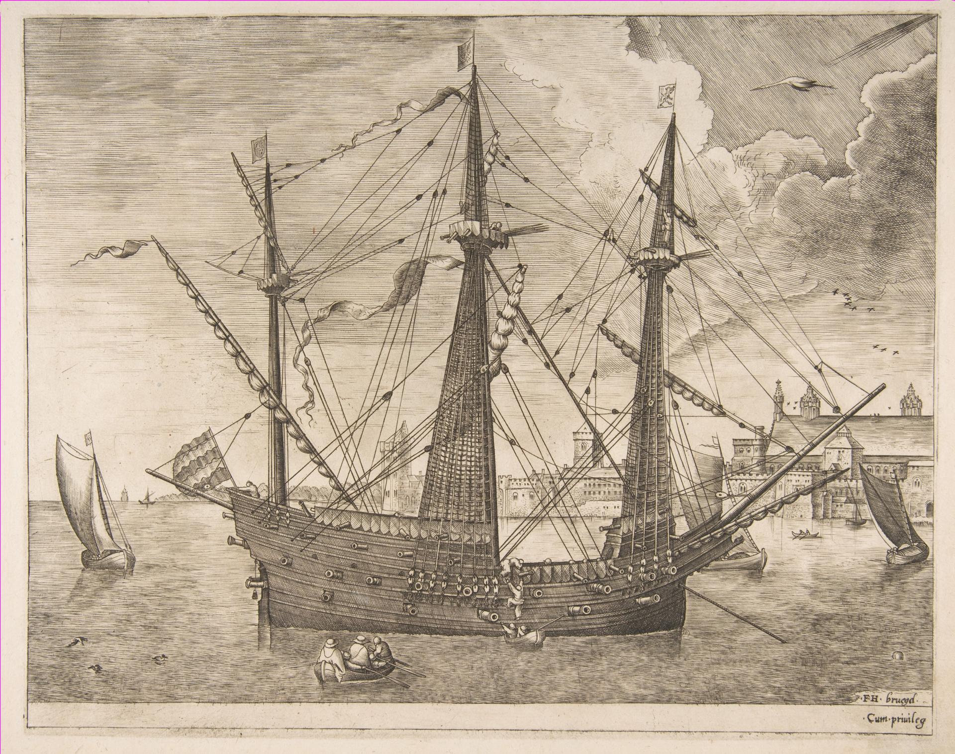 Armed Three-Master Anchored Near a City from The Sailing Vessels by Frans Huys