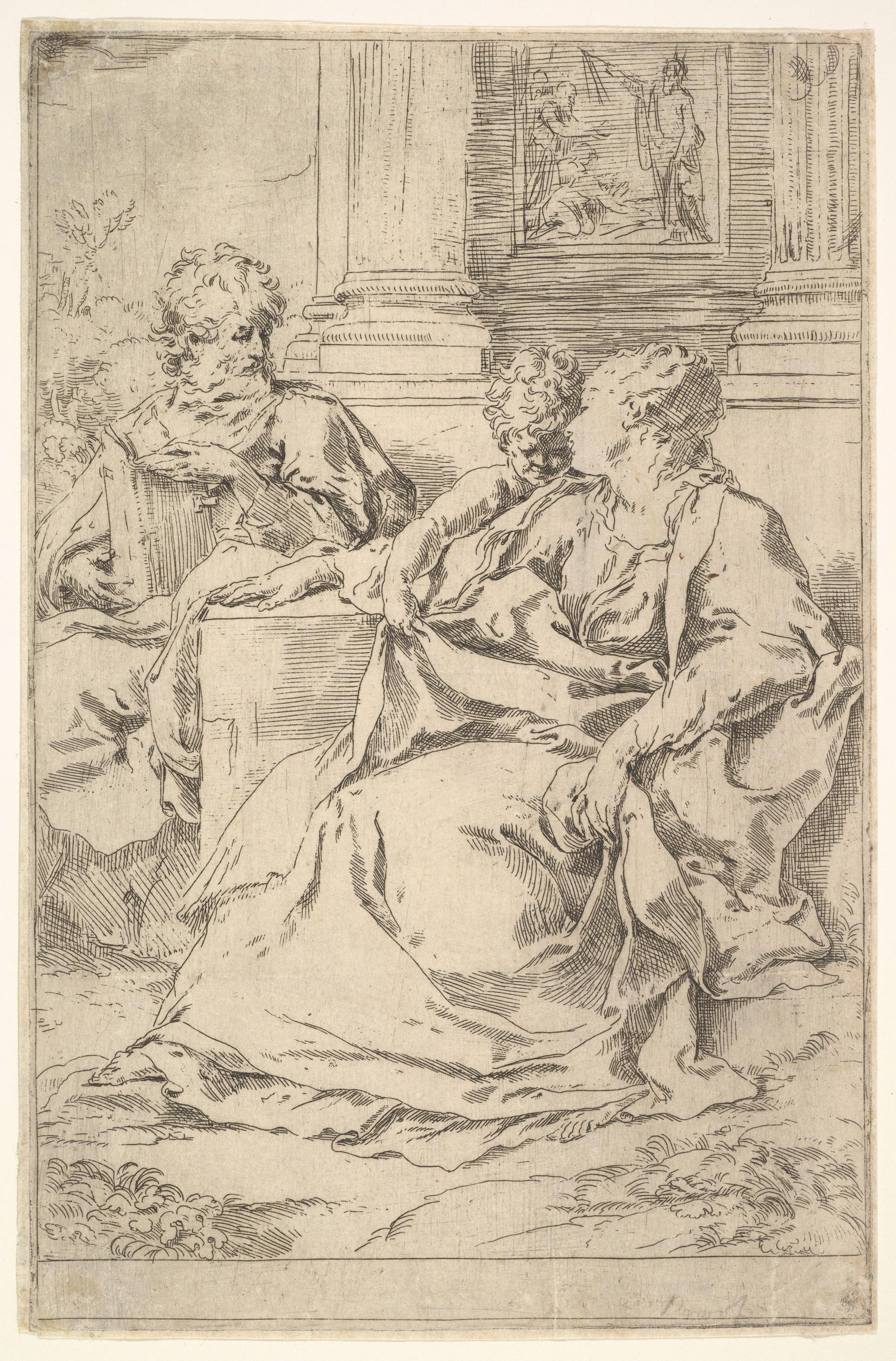 The Holy Family with Scriptural Scene in Background by Guido Reni