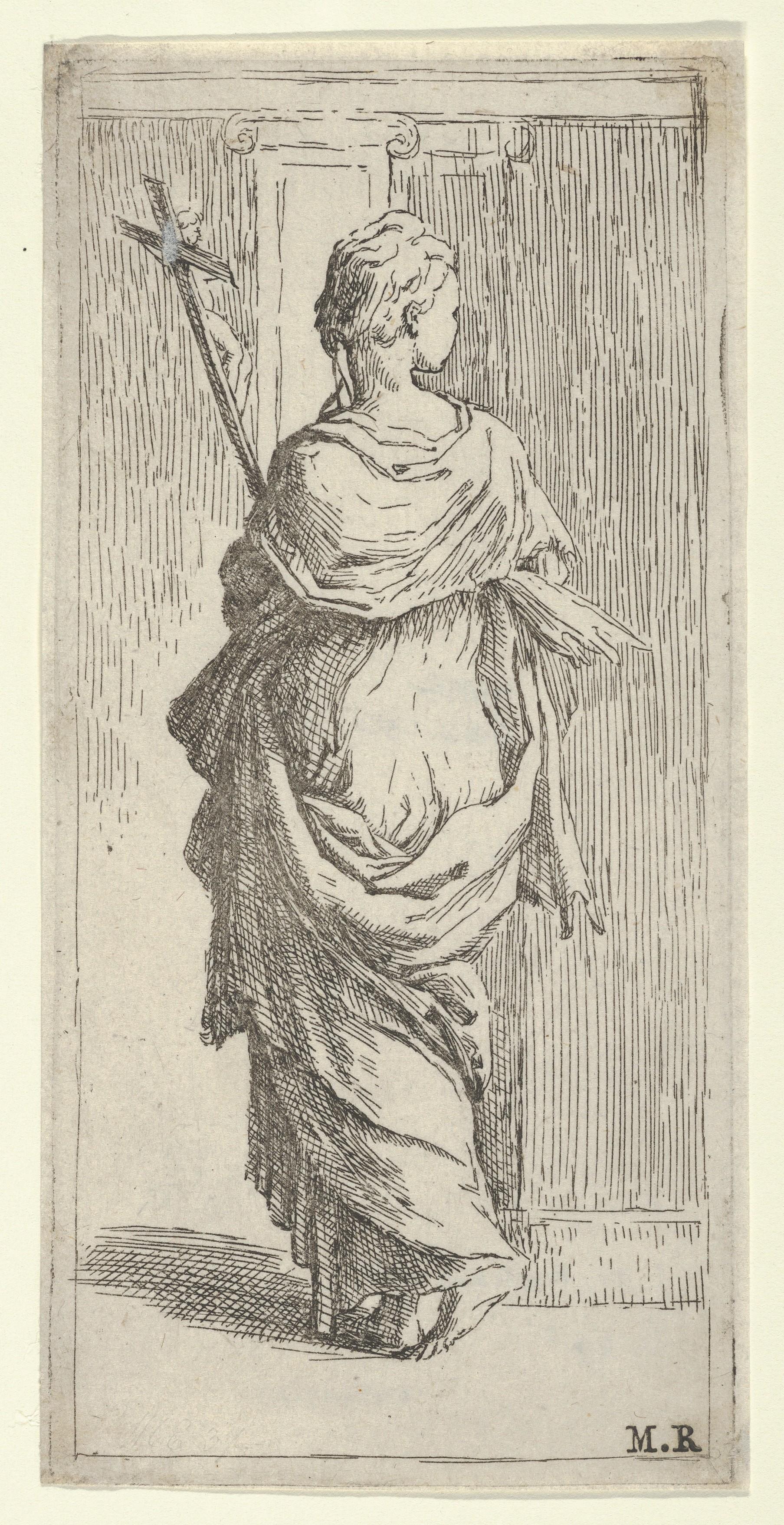 Girl carrying a crucifix and stepping toward a pilaster, seen from behind