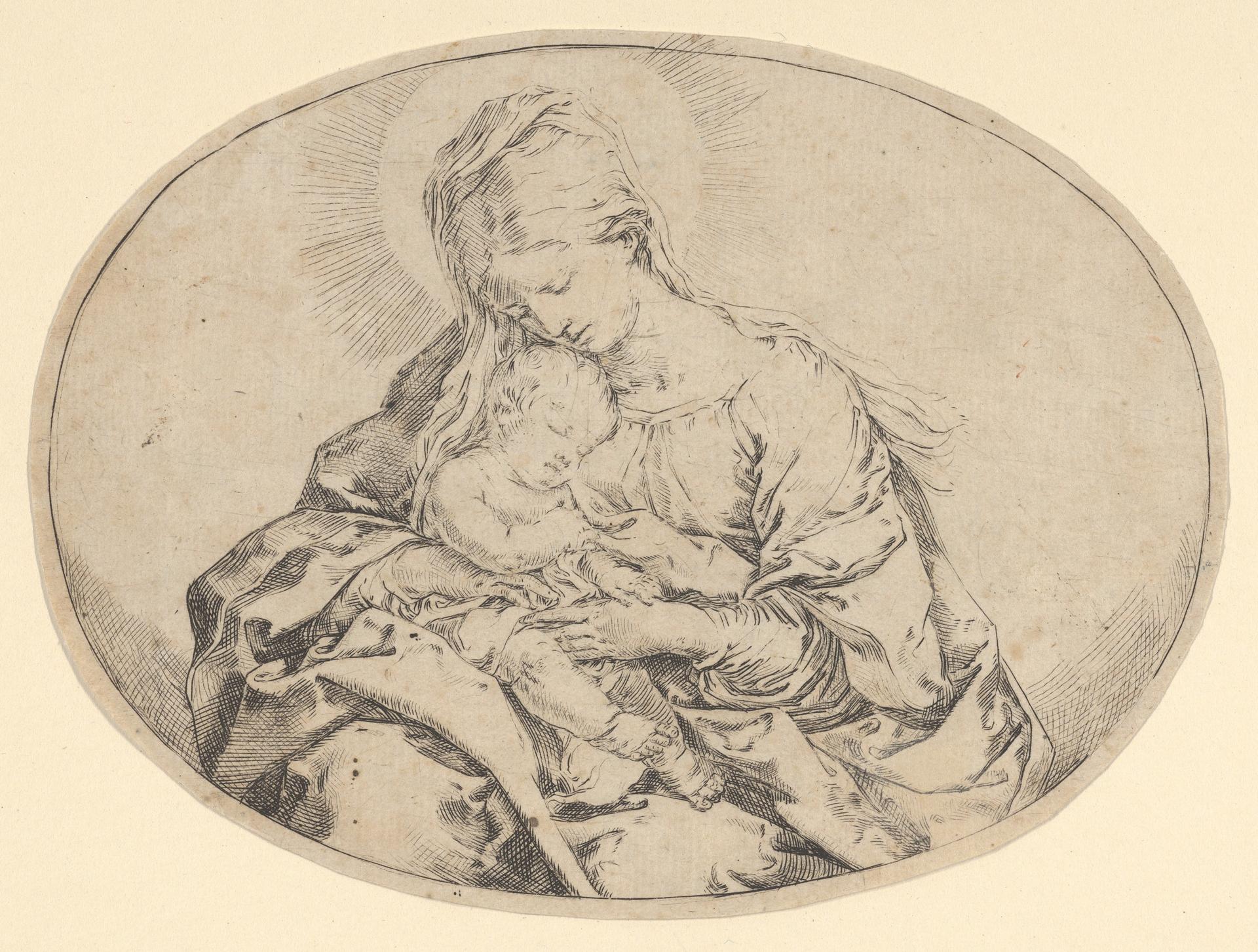 The Virgin holding the infant Christ, an oval composition by Guido Reni