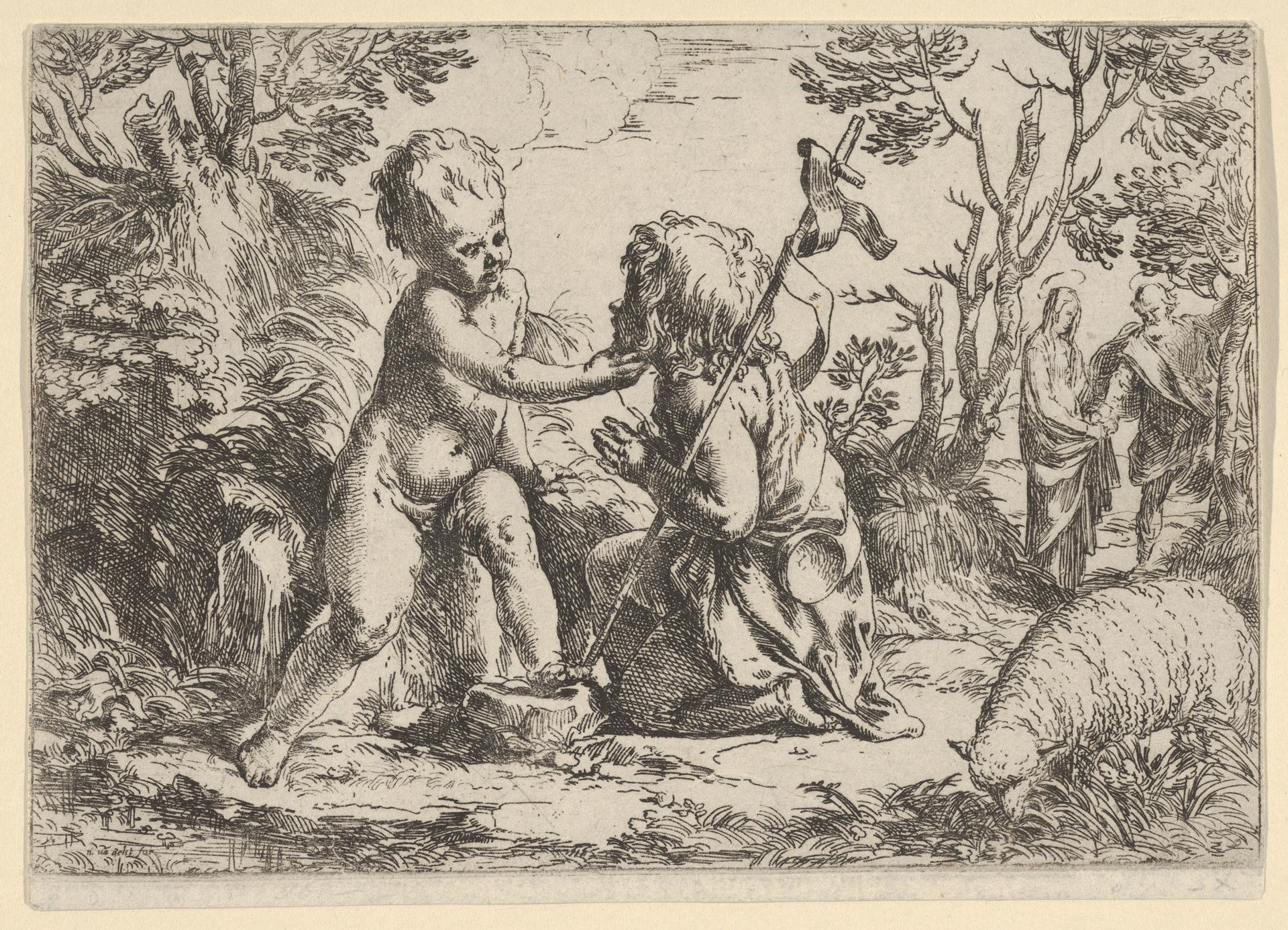 Young Saint John the Baptist kneeling before the infant Christ who caresses his face, the Virgin and Joseph in the background at right by Guido Reni