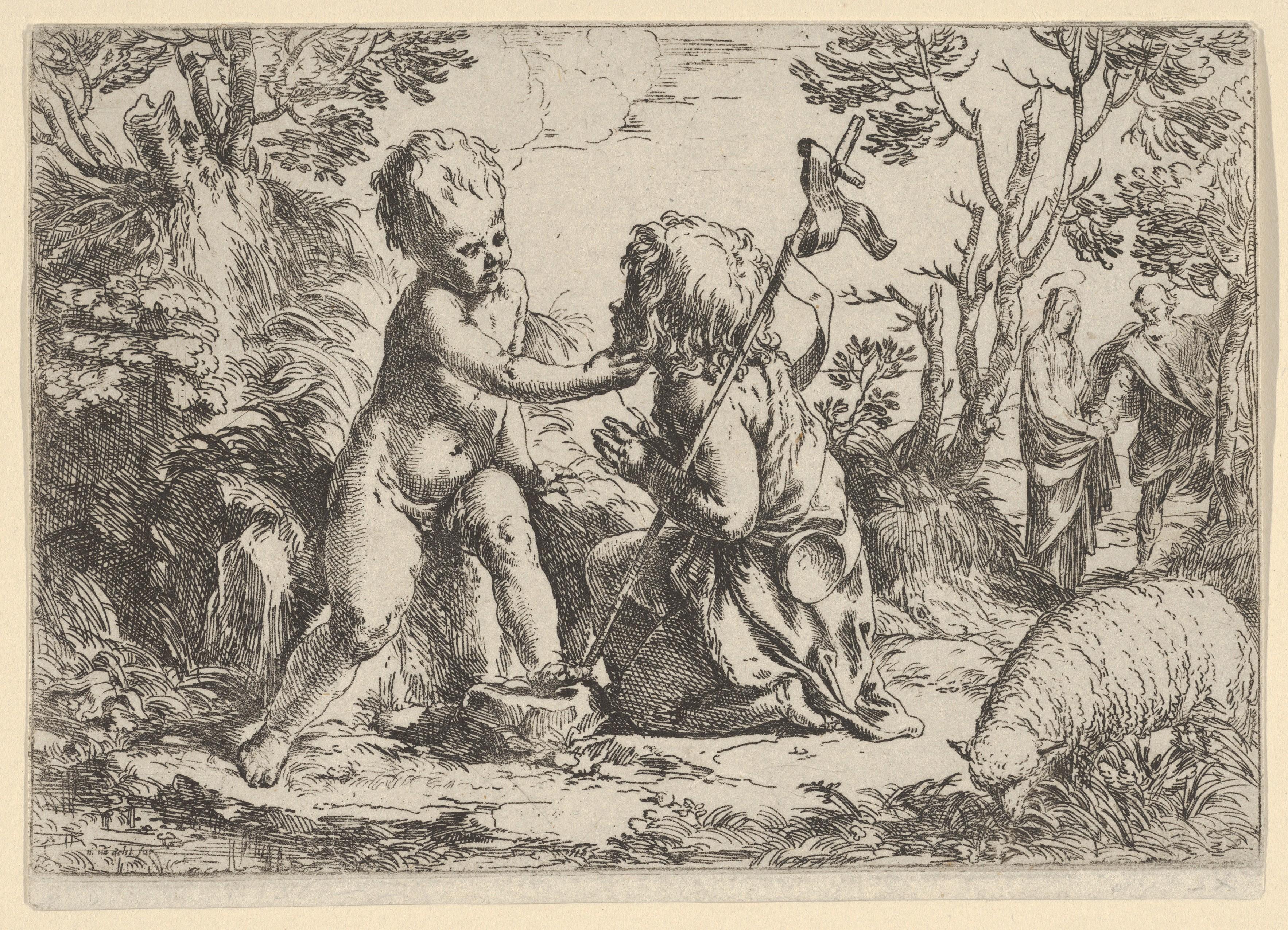 Young Saint John the Baptist kneeling before the infant Christ who caresses his face, the Virgin and Joseph in the background at right