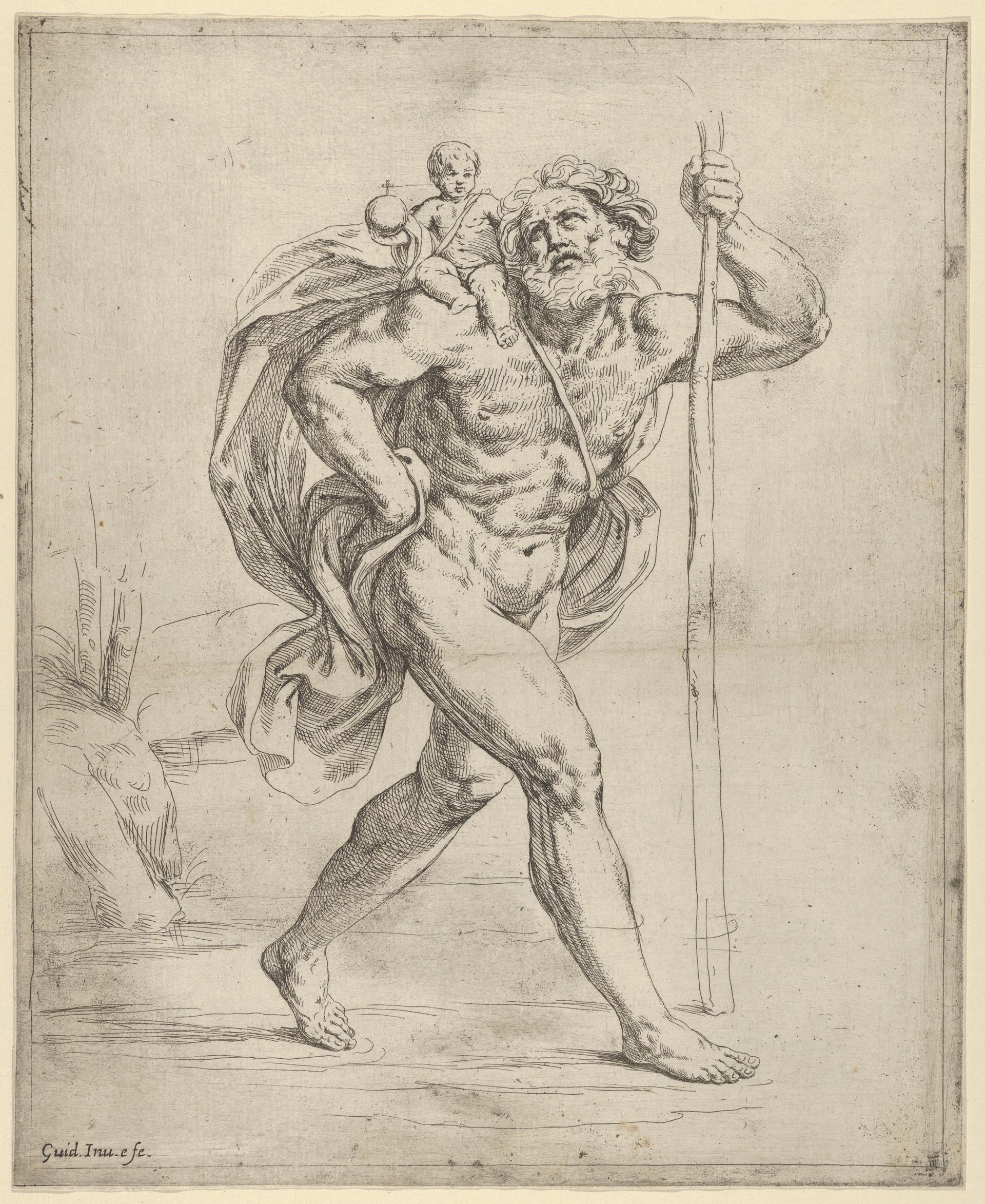 Saint Christopher walking with the infant Christ on his right shoulder by Guido Reni