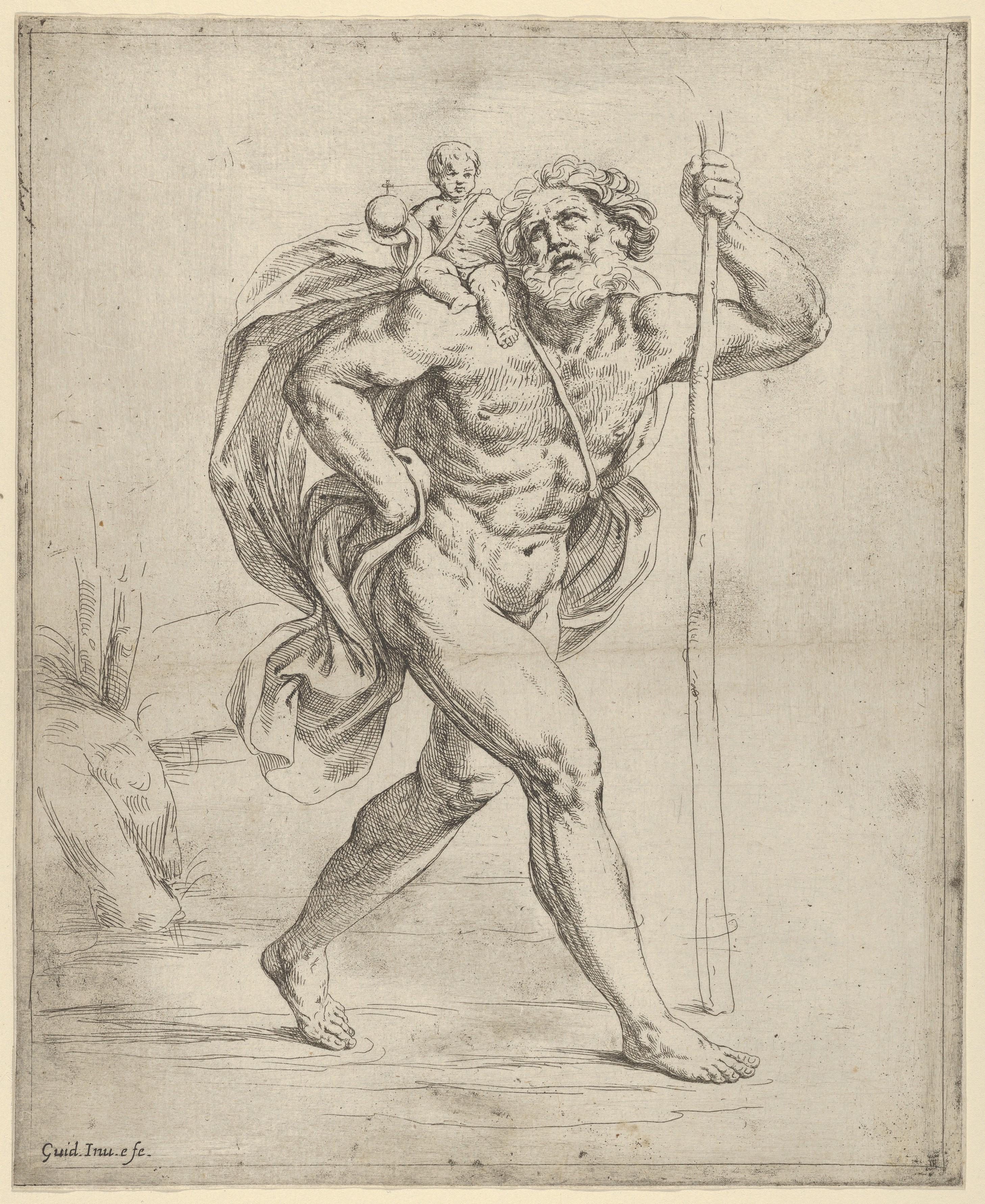 Saint Christopher walking with the infant Christ on his right shoulder