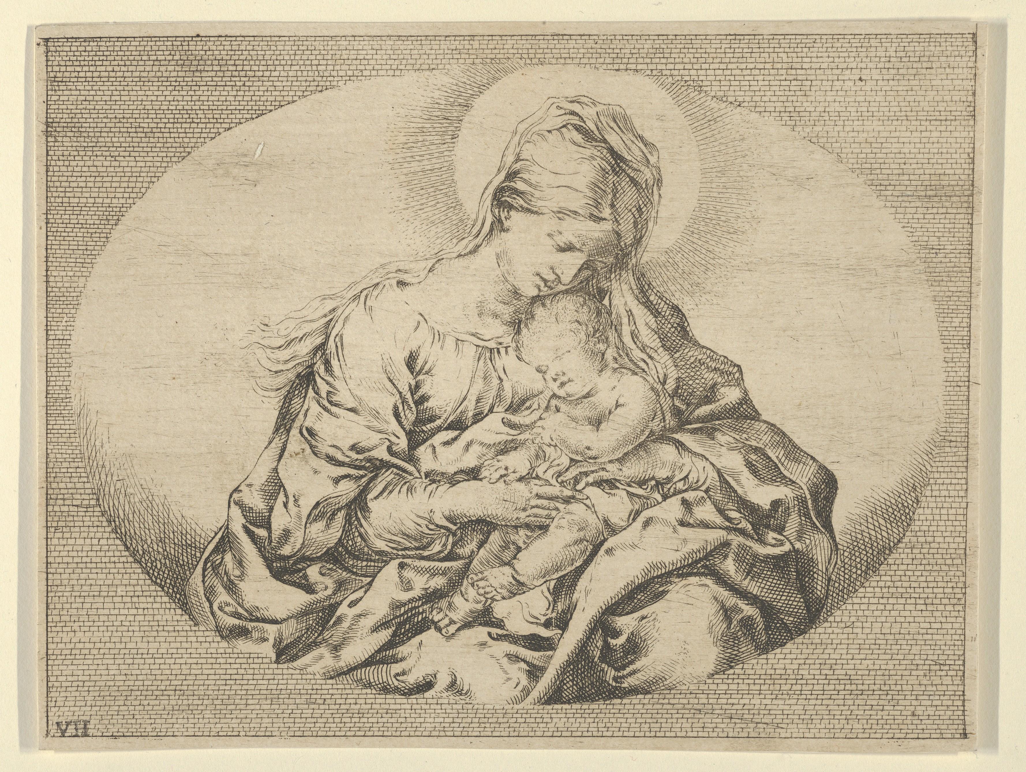 The Virgin holding the infant Christ, an oval composition, after Reni