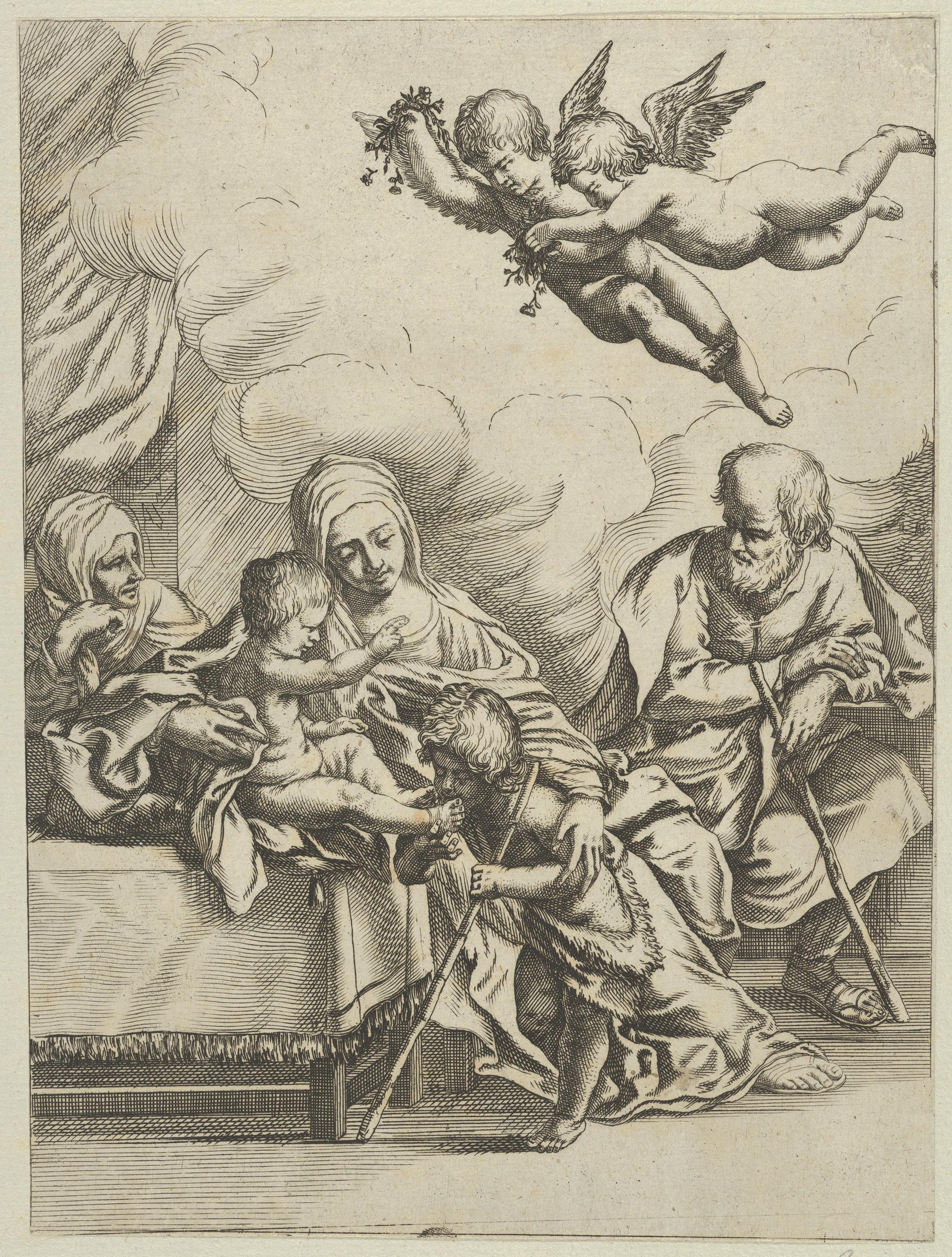 The Holy Family with young John the Baptist and Saint Elizabeth, two angels above, after Reni by Anonymous, 17th century