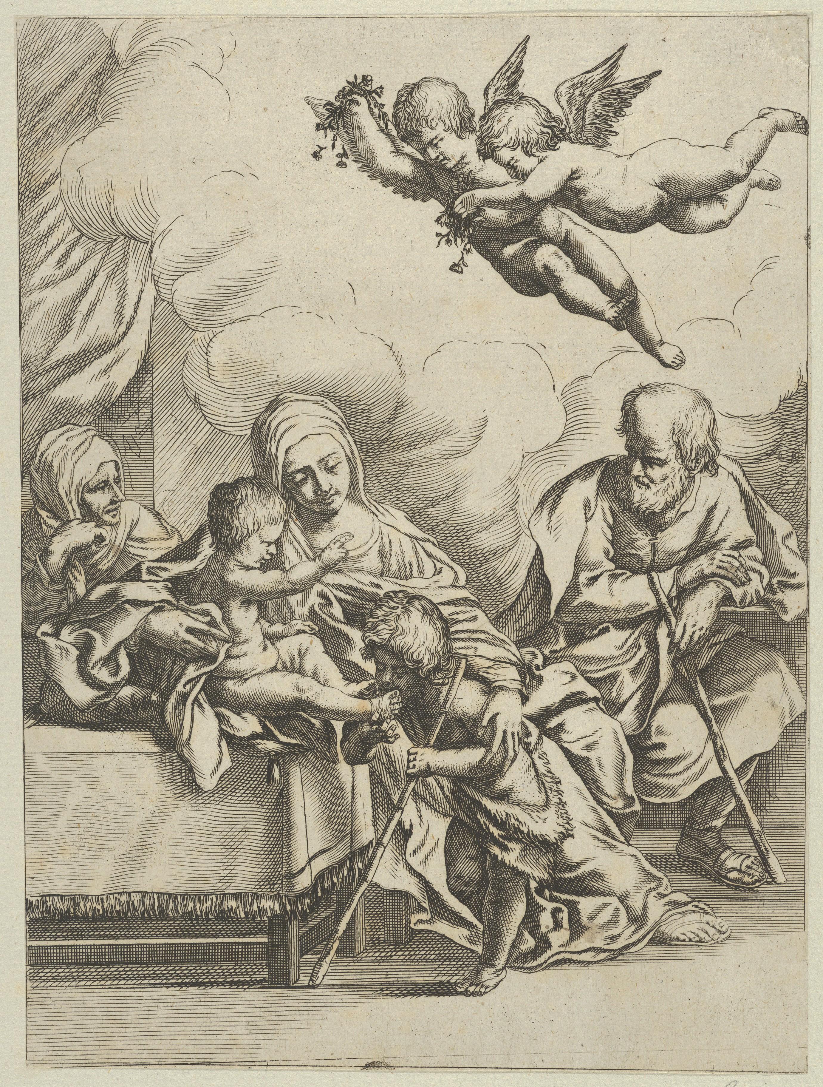 The Holy Family with young John the Baptist and Saint Elizabeth, two angels above, after Reni