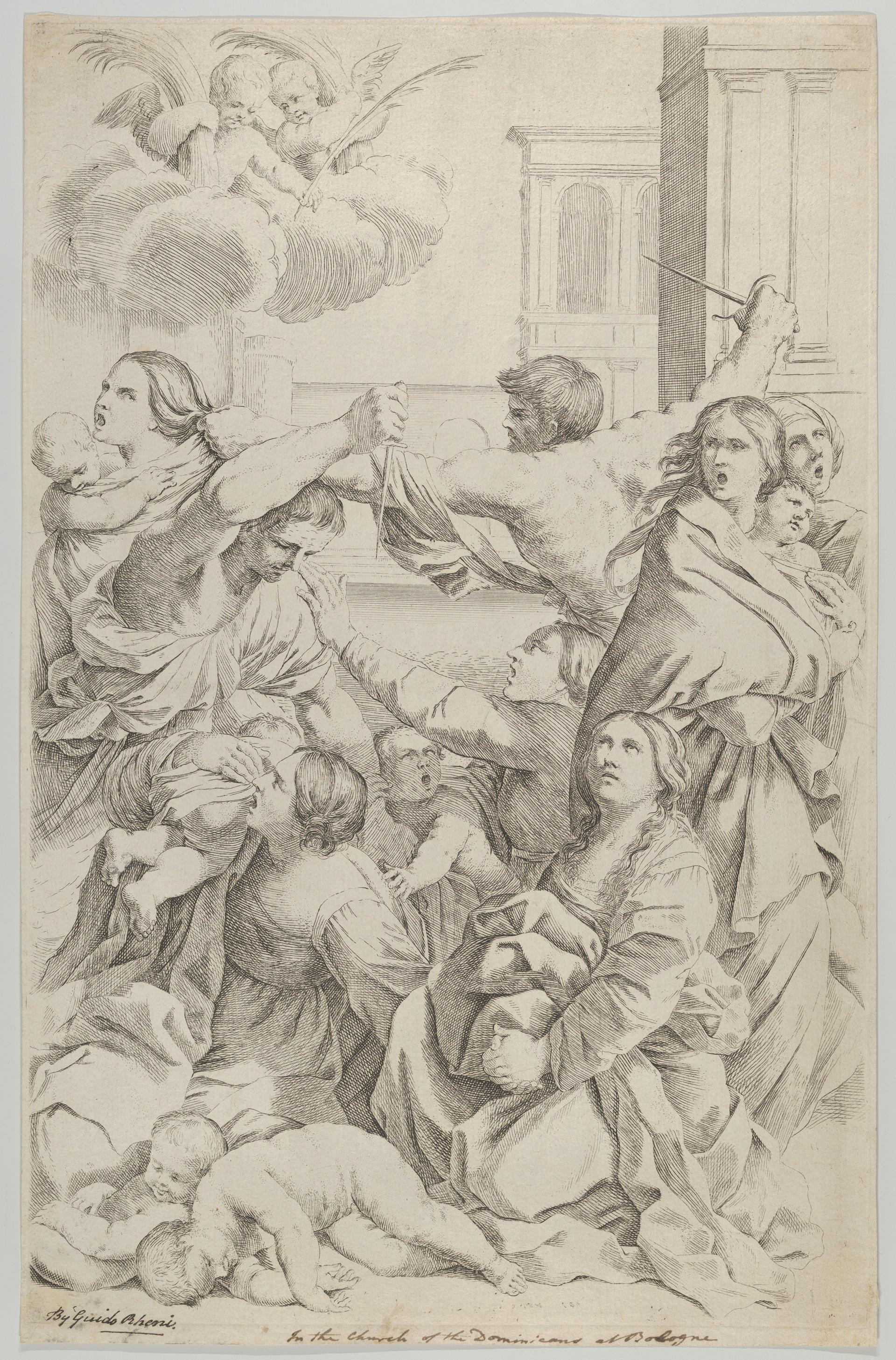Massacre of the Innocents; group of women and children being attacked, two angels at upper left, after Reni by Gian Battista Bolognini