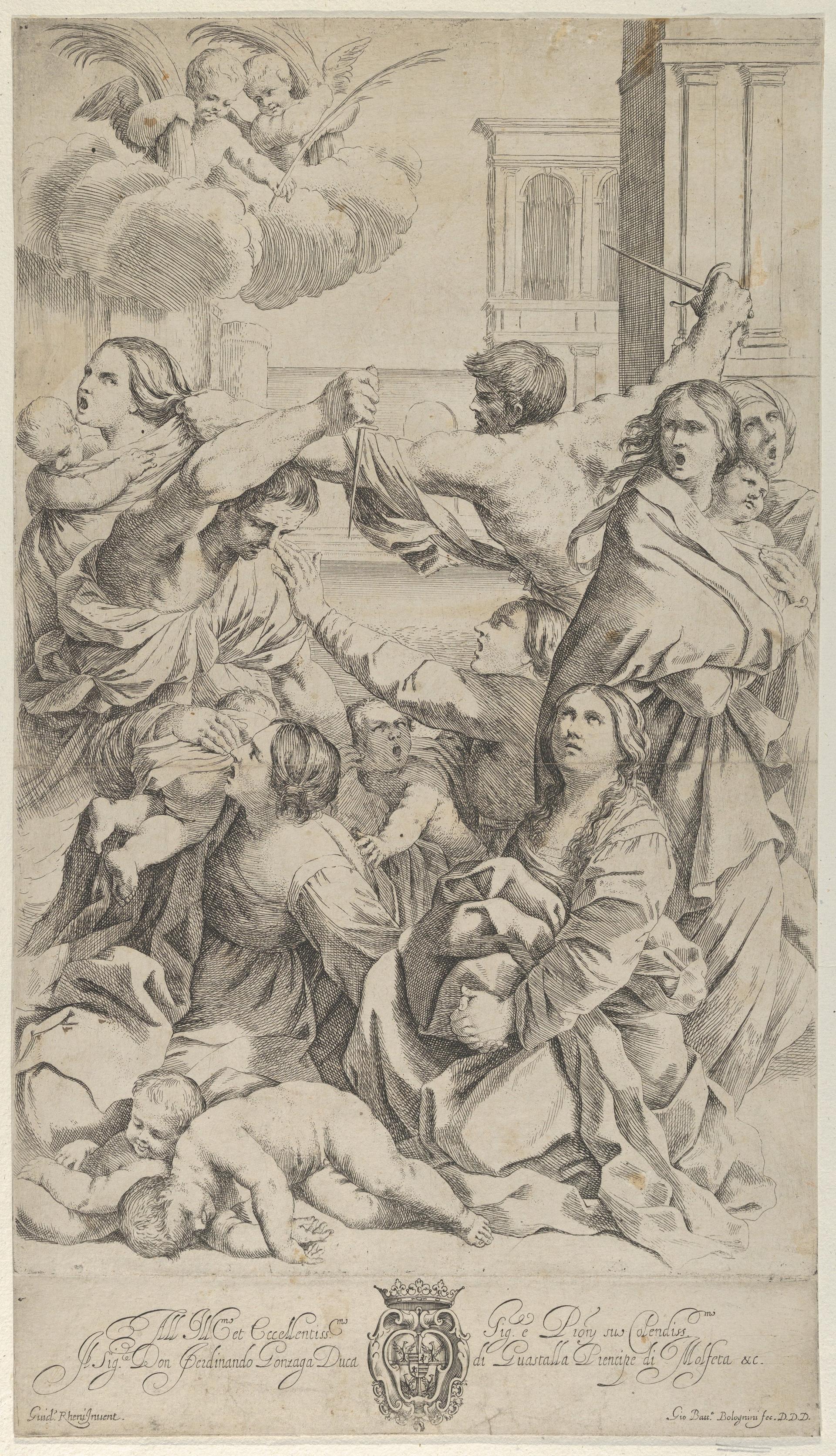 Massacre of the Innocents; group of women and children being attacked, two angels at upper left, after Reni by Gian Battista Bolognini