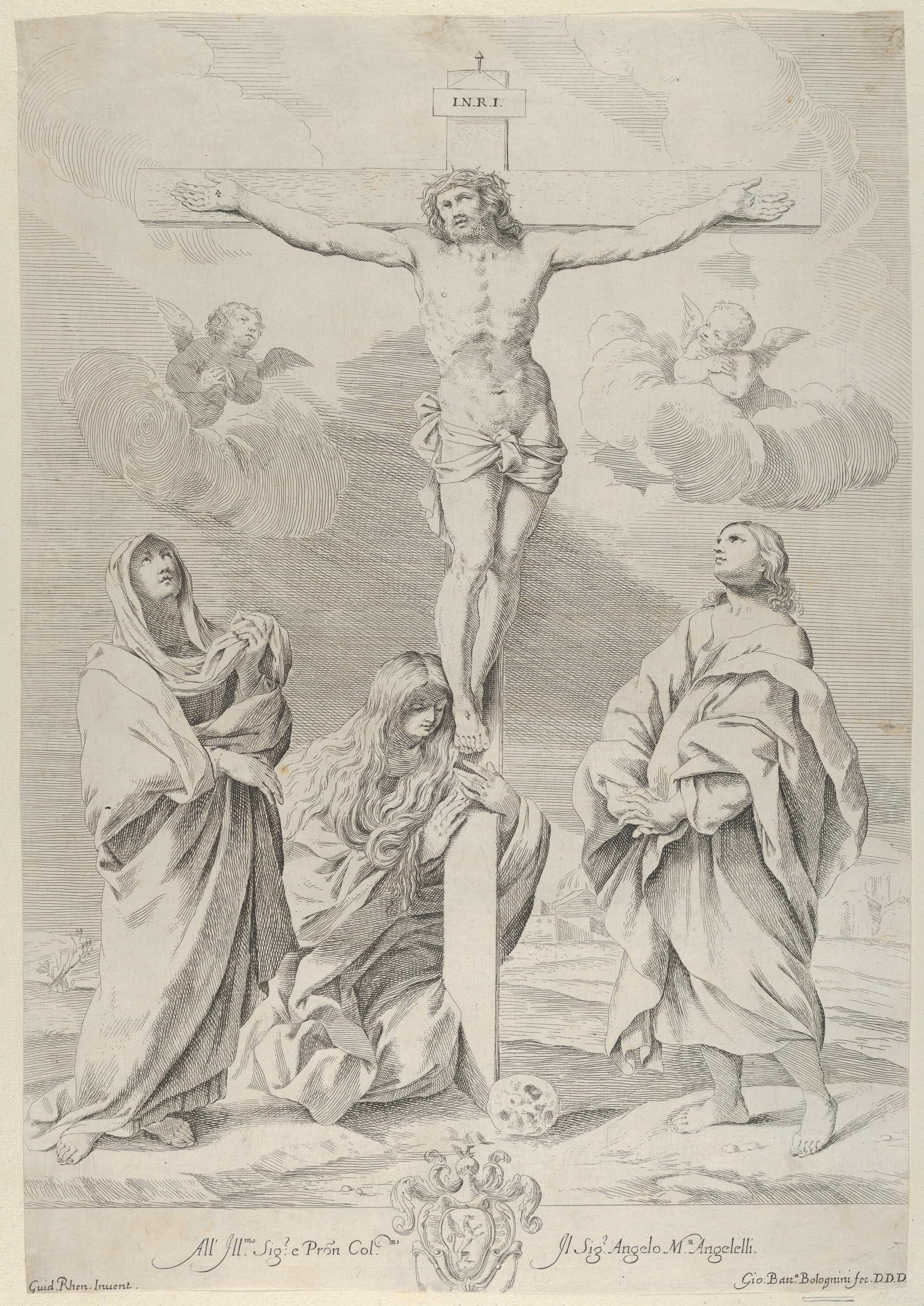 Christ on the cross, Saint John the Baptist at right, Mary Magdelene and the Virgin at left, after Reni by Gian Battista Bolognini