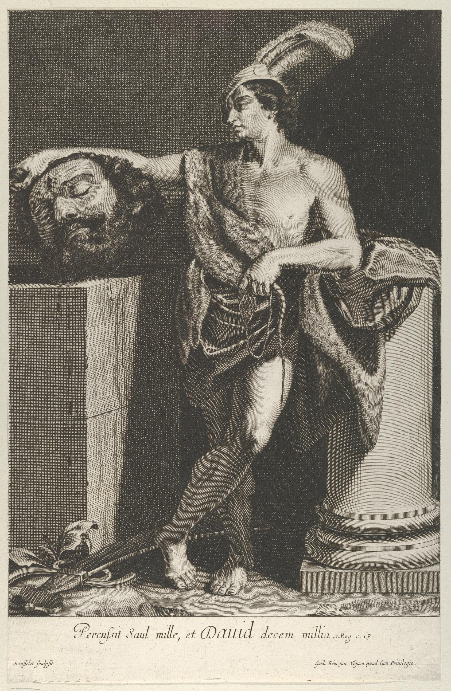 David standing with crossed legs and holding the head of Goliath on a pedestal at left, a sword on the ground, after Reni by Gilles Rousselet