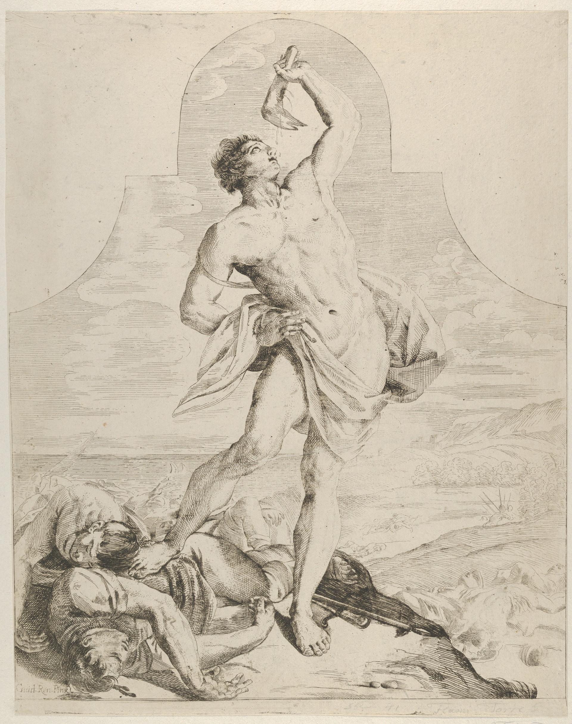 Samson holding the jaw bone of an ass over his head and standing next to the Philistines he has just killed, more dead bodies in the background, a tapered composition with rounded top, after Reni by Flaminio Torre