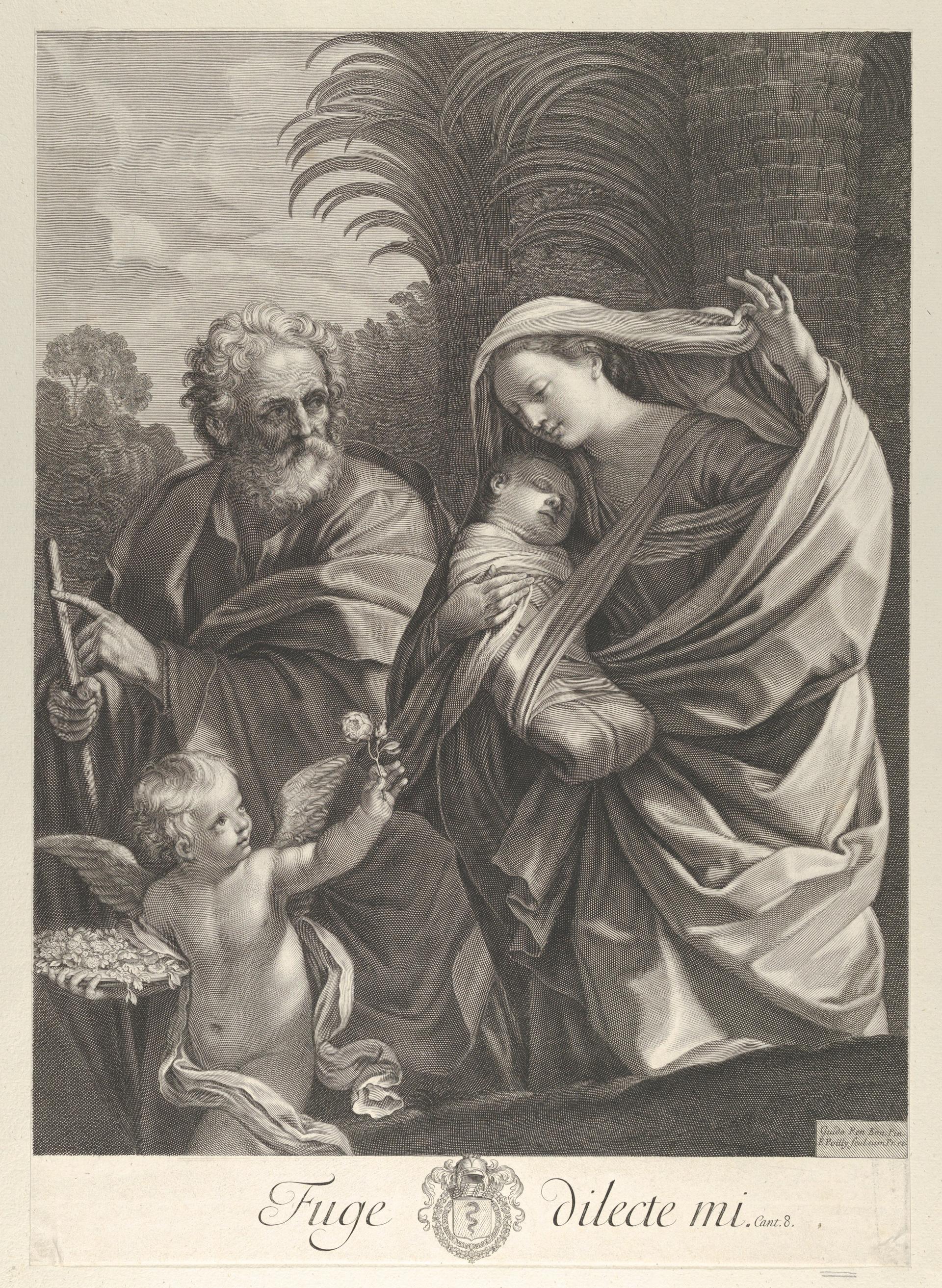 The Flight into Egypt; the Holy Family walking together, Saint Joseph pointing to the left and the Virgin carrying the infant Christ, an angel in front of her offering a flower, after Reni by Francois de Poilly