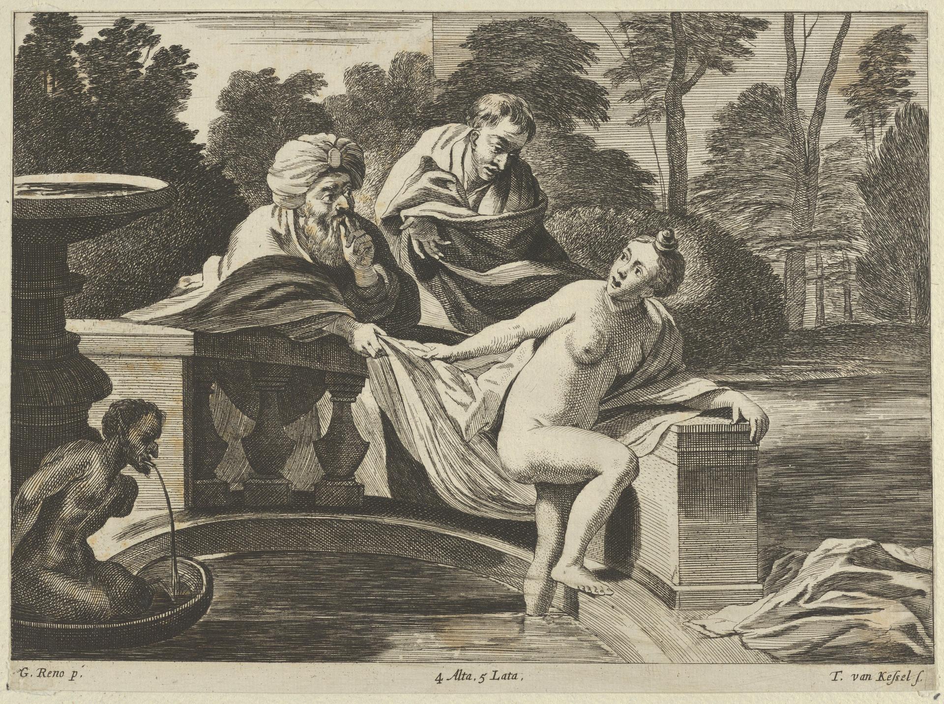 Susanna, partly naked and stepping out of a fountain with two elders at left, one of them pulling at her garment, after Reni by Theodor van Kessel