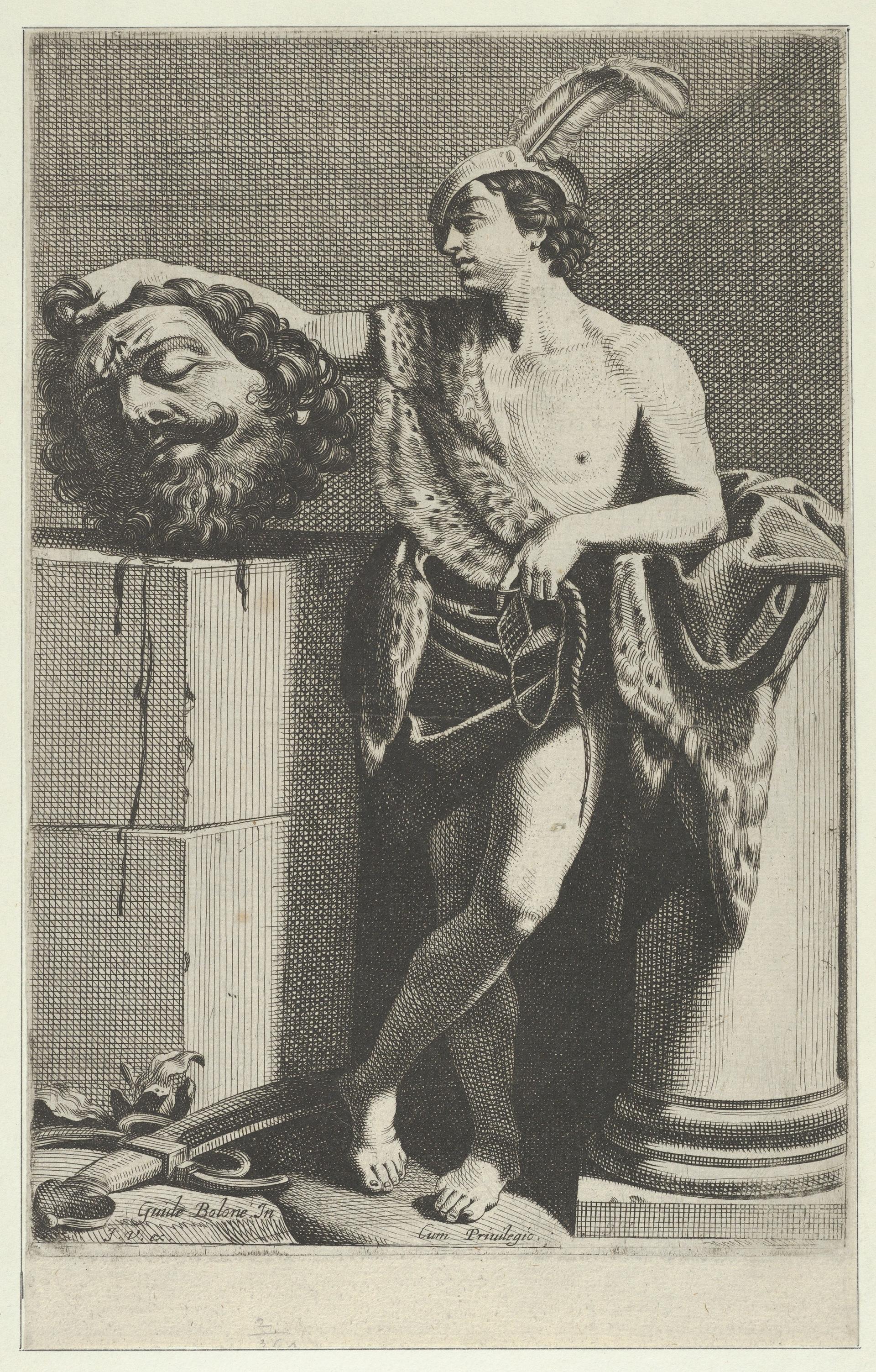 David standing with crossed legs and holding the head of Goliath on a pedestal at left, a sword on the ground, after Reni by Anonymous