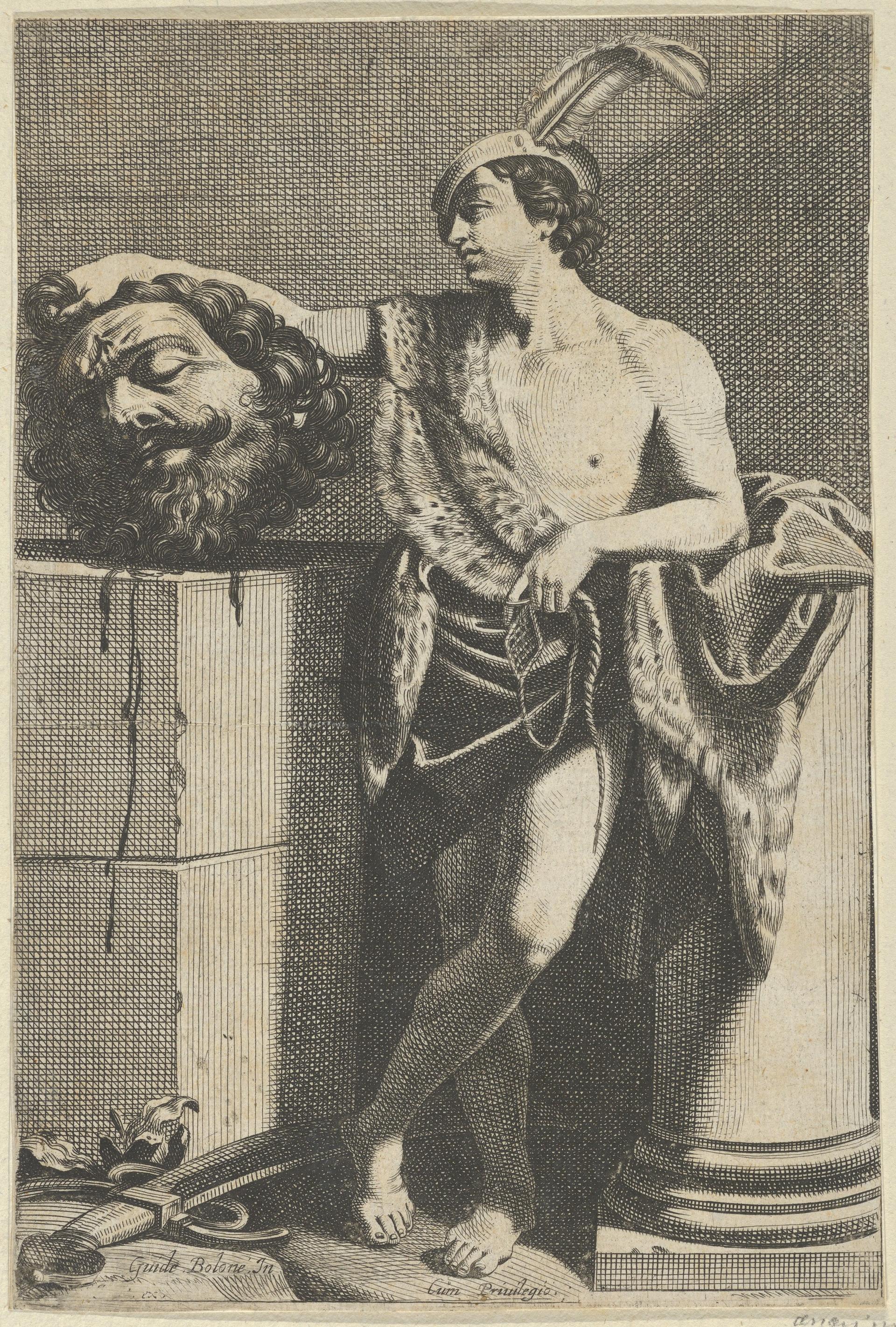 David standing with crossed legs and holding the head of Goliath on a pedestal at left, a sword on the ground, after Reni by Anonymous