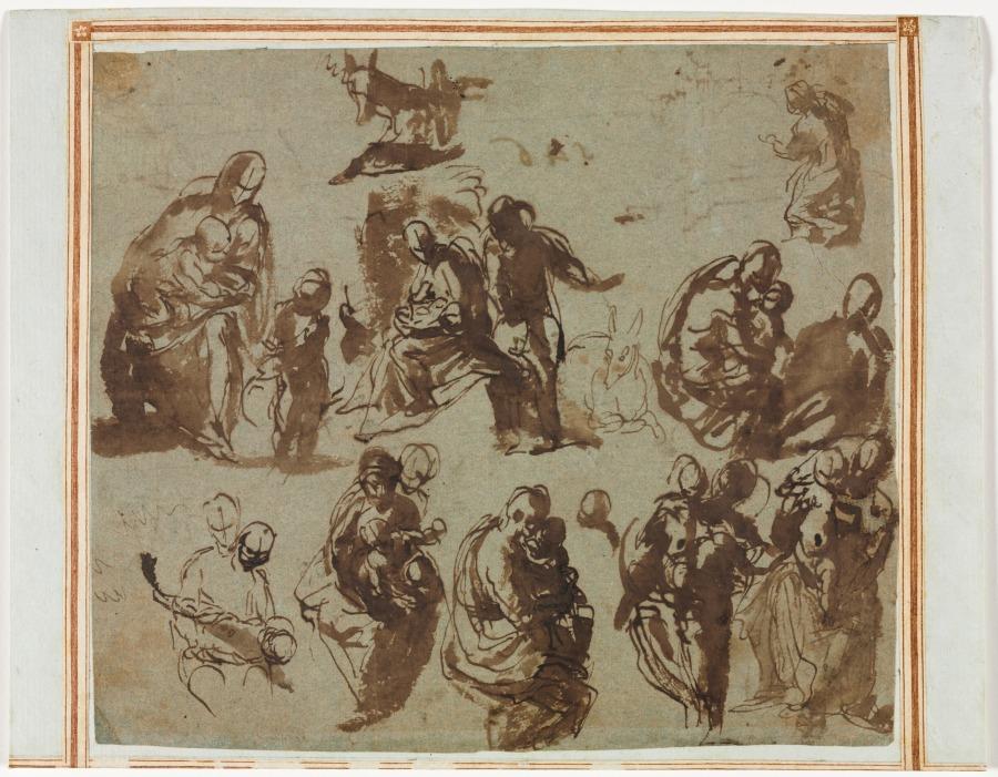 Various Sketches of the Madonna and Child (recto); Architectural Studies (verso) [partially visible on recto]