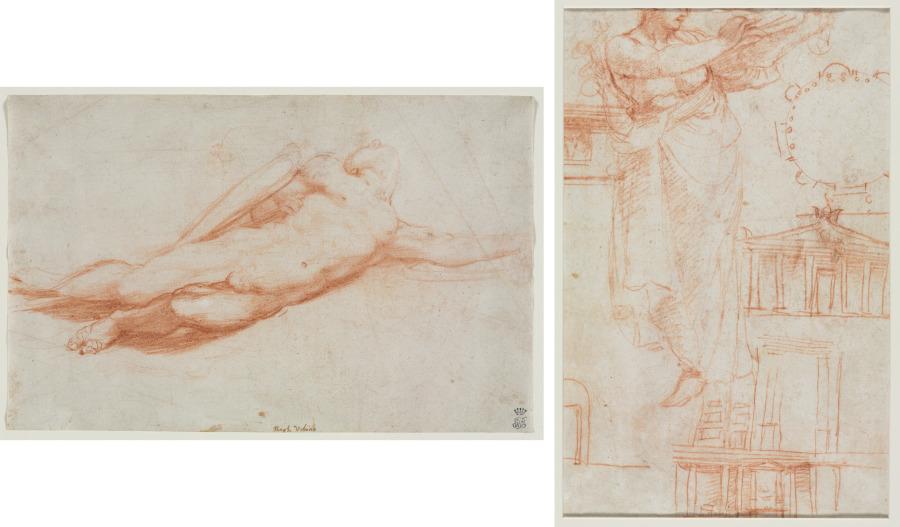 Study of a Fallen Soldier (possibly the Conversion of Saul) (recto); A Draped Female Figure (possibly an Amazon) and Architectural Studies (verso) by Correggio