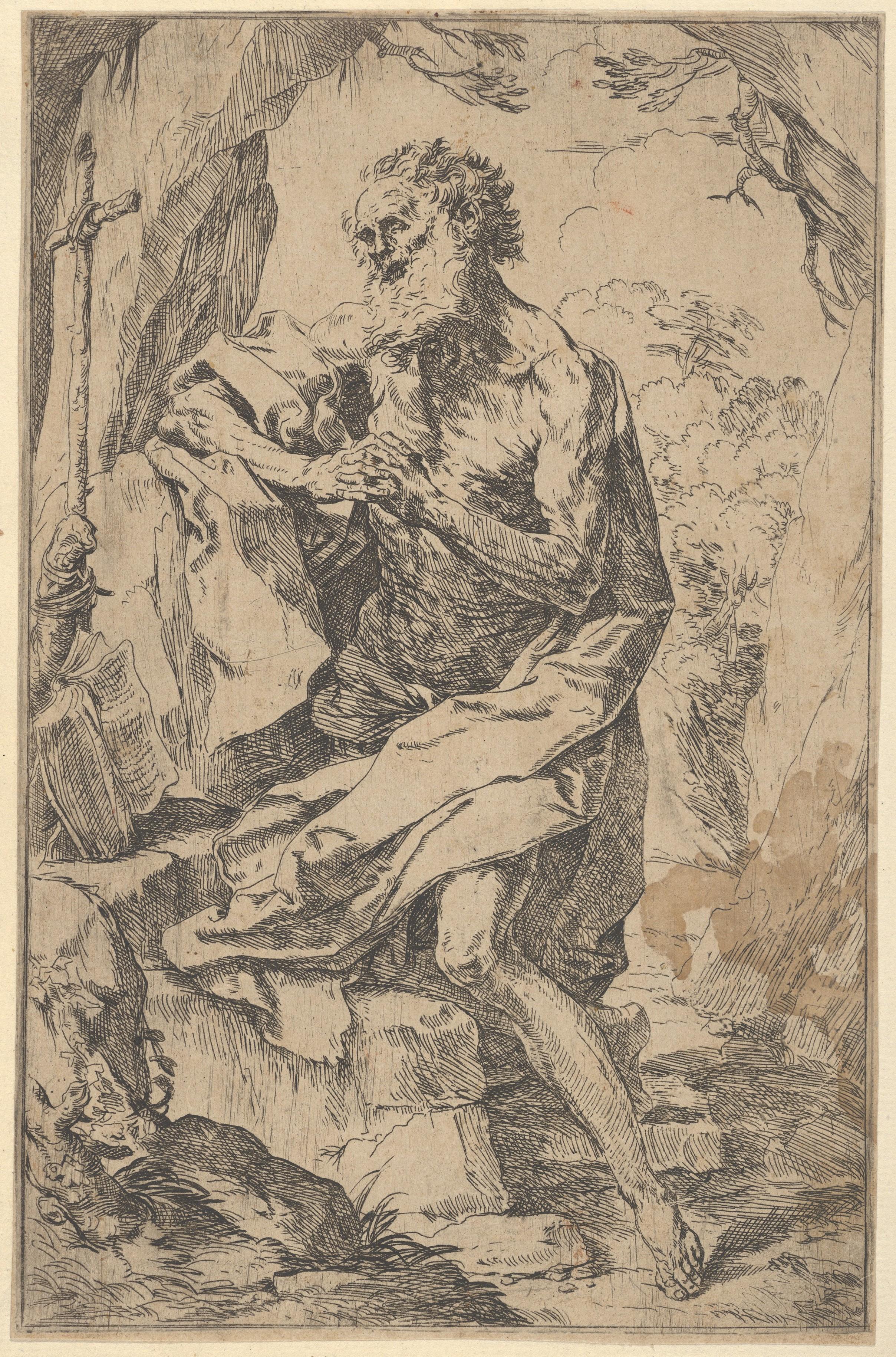 Saint Jerome kneeling on a rock in front of a cross and an open book facing left