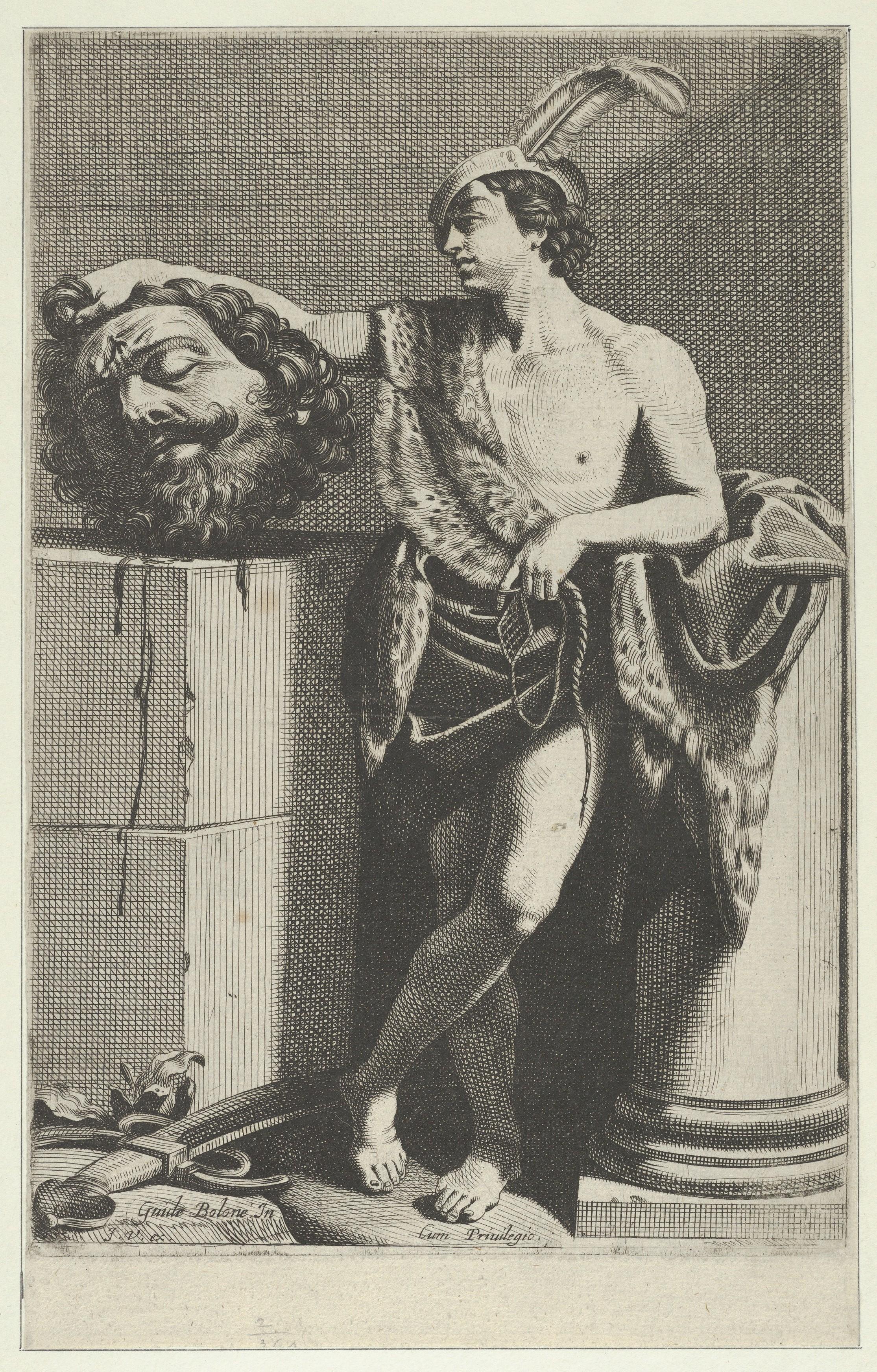 David standing with crossed legs and holding the head of Goliath on a pedestal at left, a sword on the ground, after Reni