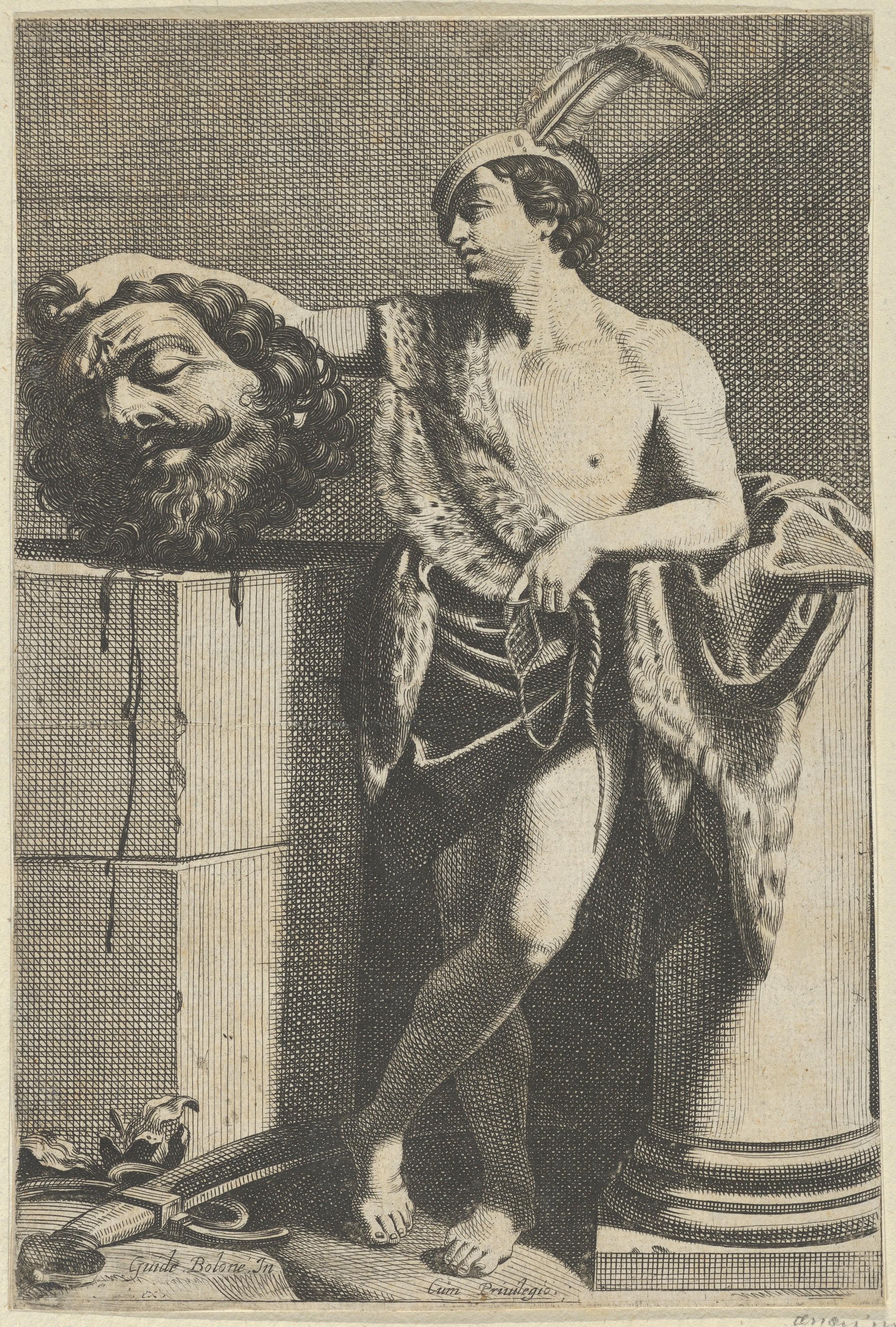 David standing with crossed legs and holding the head of Goliath on a pedestal at left, a sword on the ground, after Reni